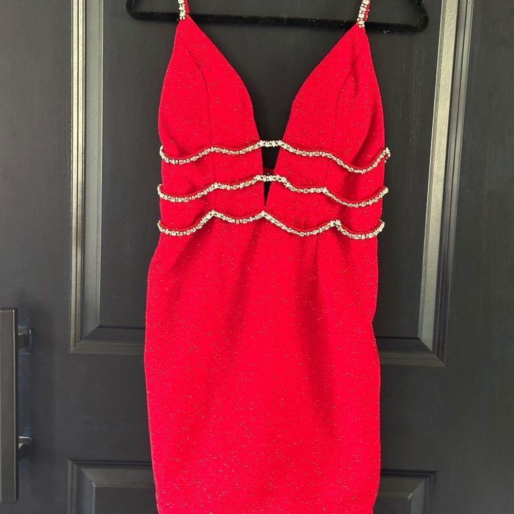 Jovani Designer Prom Dress Red Plunging Neckline Crystals Glittery USA 10  FLAW